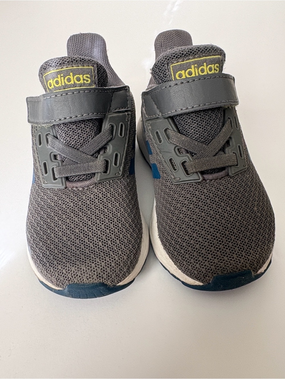 adidas Toddler size 6 Gray Sneakers with Neon Yellow Logo and Blue Accents